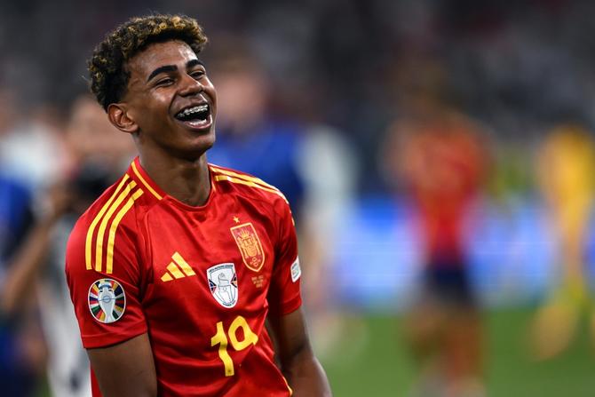 Lamine Yamal of Spain celebrates at the end of the UEFA EURO 2024 semifinal.