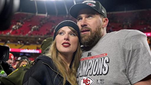 Kansas City Chiefs tight end Travis Kelce with singer Taylor Swift after the Chiefs' victory over the Buffalo Bills in the AFC championship game in Kansas City, Mo., Jan. 26, 2025.