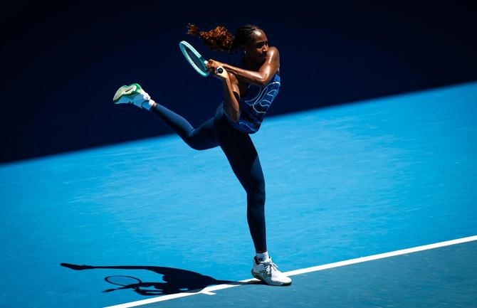 Coco Gauff plays the ball during a practice session before the Australian Open.