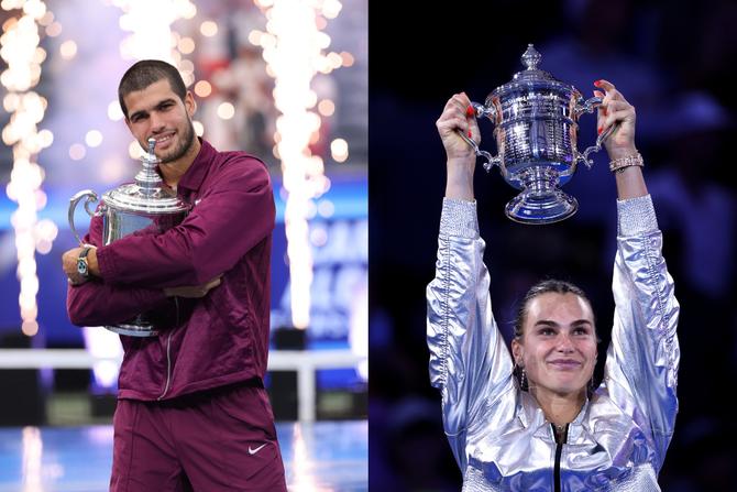 Carlos Alcaraz and Aryna Sabalenka with their trophies after winning the US Open