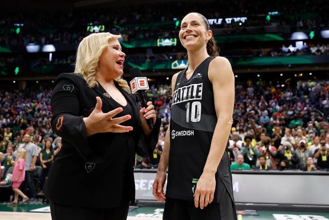 ESPN’s Holly Rowe interviews Sue Bird #10 of the Seattle Storm after the game against the Las Vegas Aces at Climate Pledge Arena on August 07, 2022 in Seattle, Washington.