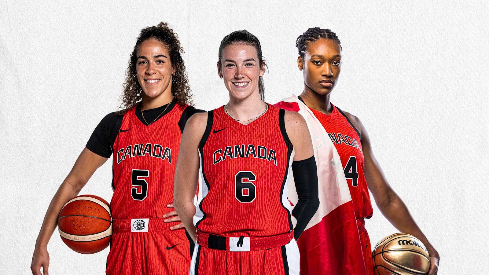 Kia Nurse, Bridget Carleton, and Kayla Alexander pose for a photo in their Team Canada jerseys.