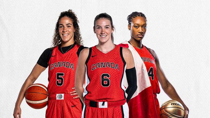 Kia Nurse, Bridget Carleton, and Kayla Alexander pose for a photo in their Team Canada jerseys.
