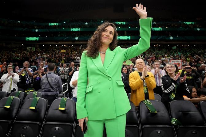 Sue Bird acknowledges the crowd before the game between the Seattle Storm and the Washington Mystics and her jersey retirement ceremony at The Space Needle on June 11, 2023 in Seattle, Washington.
