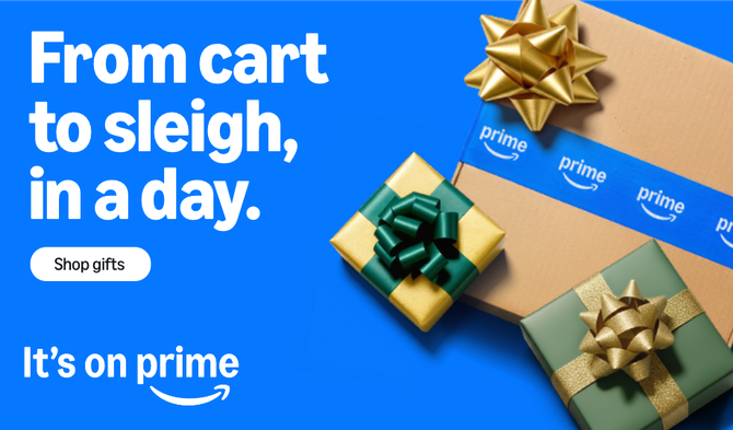 A graphic of an Amazon Prime package with gifts.