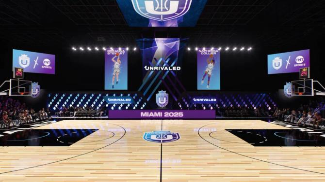 A digital mock-up of the Unrivaled Court at Unrivaled’s facility in Miami, Florida.