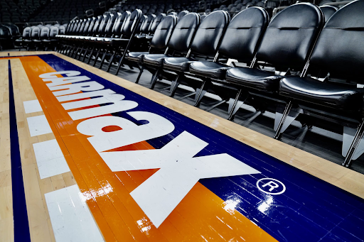 A photo of CarMax’s courtside signage for the Phoenix Mercury.