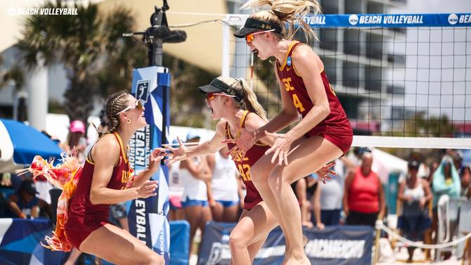 Members of the USC beach volleyball team celebrate after clinching the national championship yesterday.
