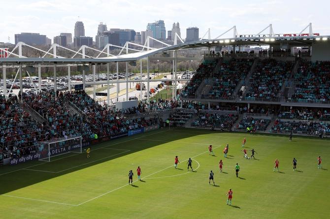 A general view during the opening match between the Portland Thorns FC and the Kansas City Current at the first stadium purpose-built for women's soccer at CPKC Stadium on March 16, 2024 in Kansas City, Missouri.