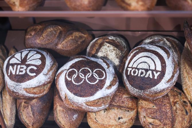 A view of bread with NBC logos and the Olympic Rings at The TODAY Show at Rockefeller Plaza on April 17, 2024 in New York City.
