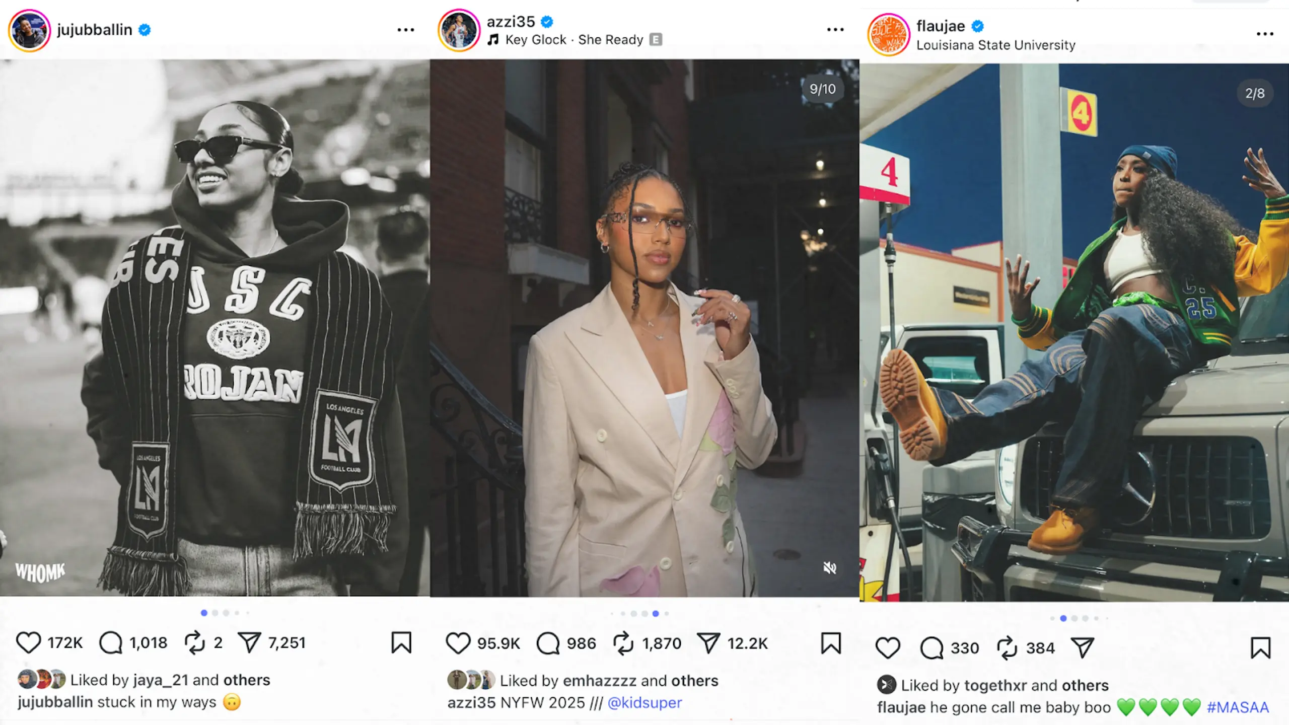 Instagram posts from JuJu Watkins, Azzi Fudd, and Flau’jae Johnson