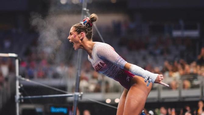 Oklahoma women’s gymnast Jordan Bowers celebrates during the NCAA semifinals.