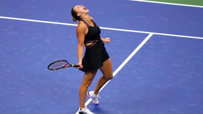 Aryna Sabalenka celebrates after clinching her US Open Finals berth.