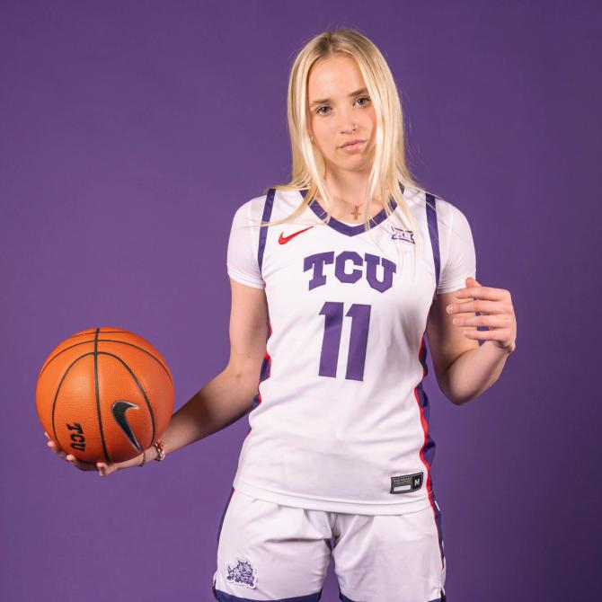 Former Louisville and LSU women’s basketball star Hailey Van Lith poses in her new TCU uniform following her 2024 offseason transfer.