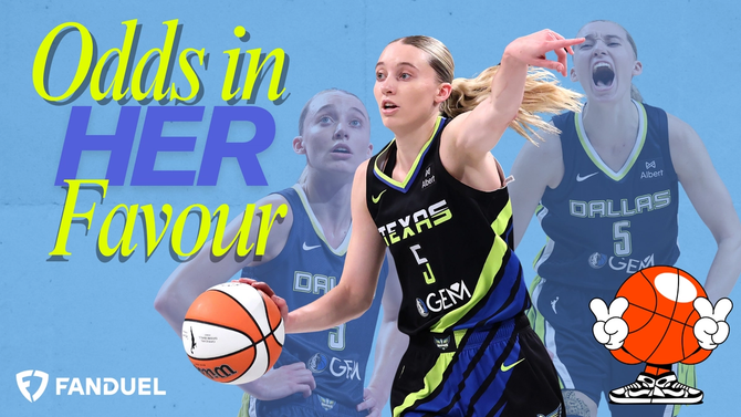 A collage of Dallas Wings guard Paige Bueckers with text "Odds in her favour" next to it