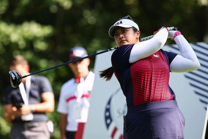Lilia Vu of Team USA plays a tee shot prior to the Solheim Cup at Robert Trent Jones Golf Club on September 11, 2024 in Gainesville, Virginia.