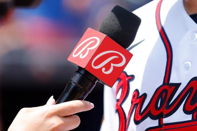 A microphone with the Bally logo is used for a post game interview following the Atlanta Braves 3-0 victory over the Minnesota Twins at Truist Park on June 28, 2023 in Atlanta, Georgia.