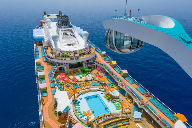 An overhead view of a Royal Carribean cruise ship