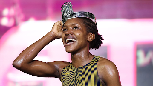 Faith Kipyegon celebrates after winning the 1,500m during Athlos NYC at Icahn Stadium on September 26.