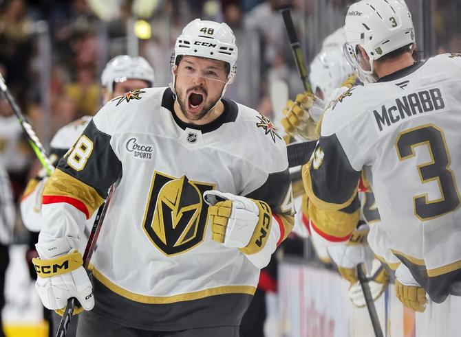 Tomas Hertl #48 of the Vegas Golden Knights celebrates with teammates.