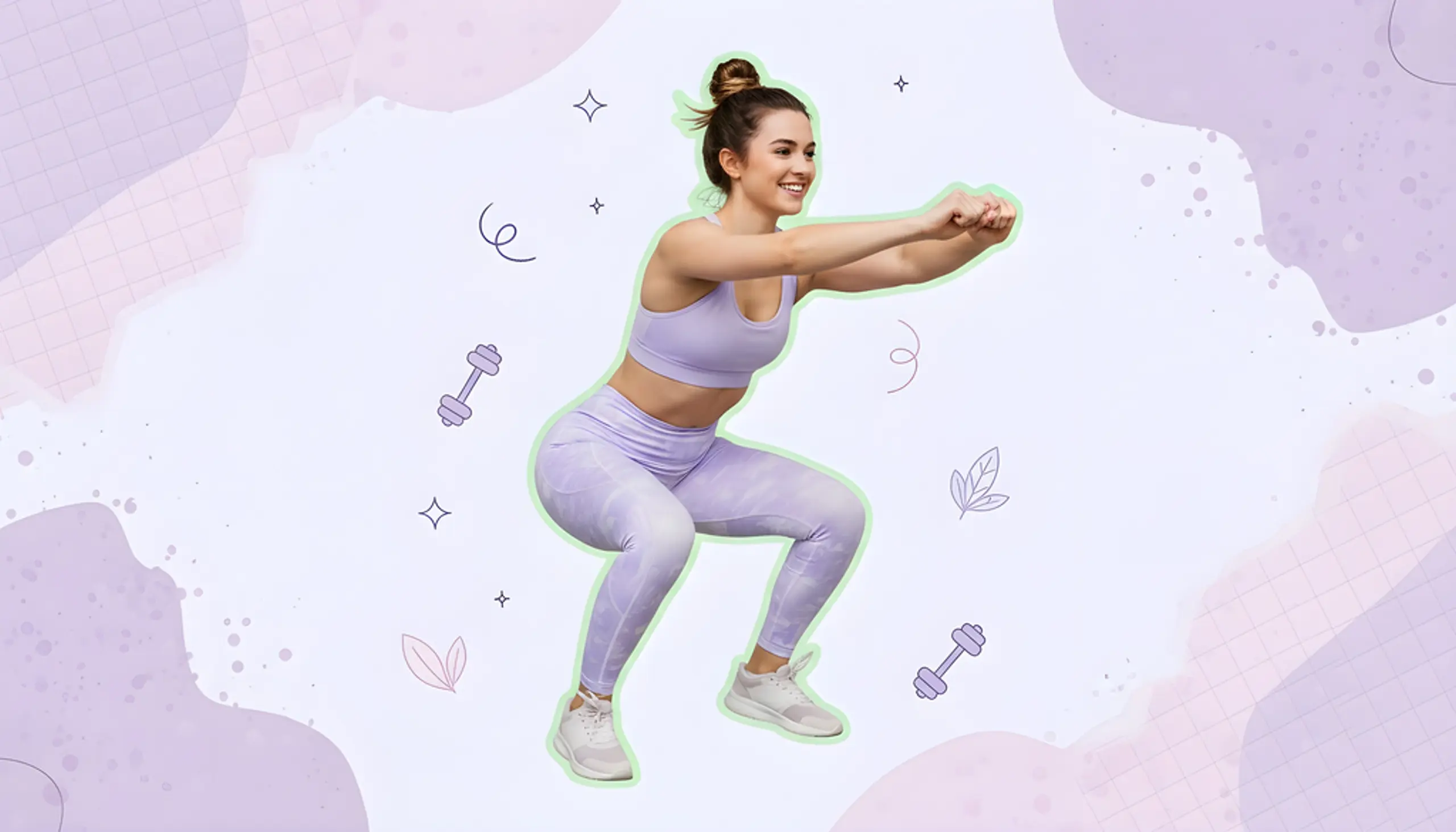 A photo of a woman squatting with a purple background.