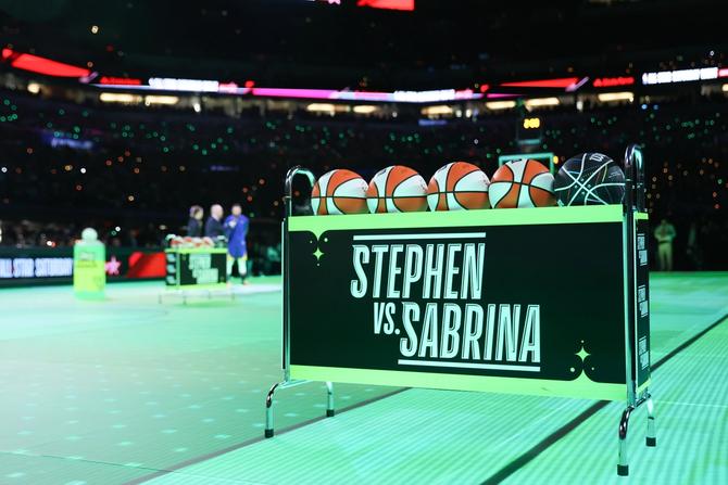 A general view of Wilson basketballs prior to the 2024 Starry 3-Point Contest between Stephen Curry #30 of the Golden State Warriors and Sabrina Ionescu #20 of the New York Liberty during the State Farm All-Star Saturday Night at Lucas Oil Stadium on February 17, 2024 in Indianapolis, Indiana.