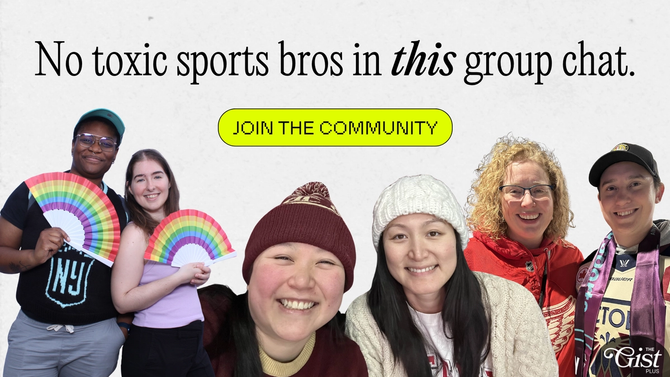 A group of smiling fans on a white backdrop with the text: NO TOXIC SPORTS BROS IN THIS GROUP CHAT - JOIN THE COMMUNITY