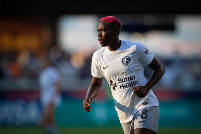 Asisat Oshoala #8 of Bay FC looks on during the match between Washington Spirit and Bay FC at PayPal Park on July 6, 2024 in San Jose, California.