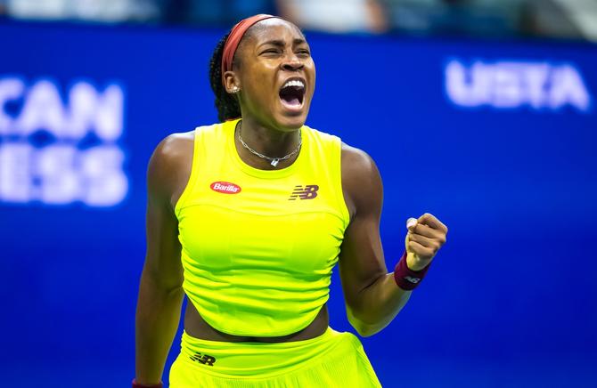 Coco Gauff of the United States celebrates in her match against Laura Siegemund of Germany during the first round on Day 1 of the US Open at USTA Billie Jean King National Tennis Center on August 28, 2023 in New York City.