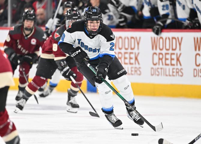 Sarah Nurse #20 of Toronto skates the puck during the third period in the PWHL game against Montreal at the Bell Centre