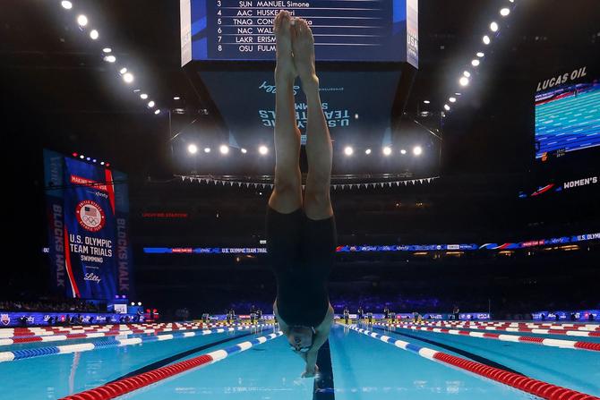 Torri Huske of the United States competes in the Women's 50m freestyle semifinal on Day Eight of the 2024 U.S. Olympic Team Swimming Trials at Lucas Oil Stadium on June 22, 2024 in Indianapolis, Indiana.