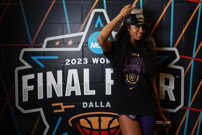 Angel Reese #10 of the LSU Lady Tigers poses for a portrait after defeating the Iowa Hawkeyes to win the 2023 NCAA Women's Basketball Tournament National Championship at American Airlines Center on April 2, 2023 in Dallas, Texas.