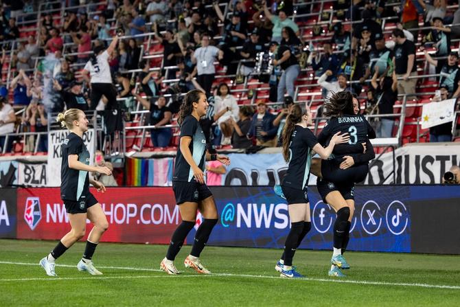 Ella Stevens #13 of NJ/NY Gotham FC celebrates her goal in the second half of the National Women's Soccer League match against the Orlando Pride at Red Bull Arena