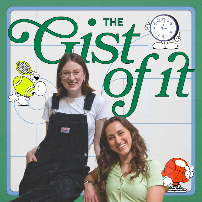 The GIST of It co-hosts Ellen Hyslop and Stephanie Rotz pose in the foreground alongside an animated tennis ball and basketball. "The Gist of it" text is written in white font while the background is a green animated baseball diamond.