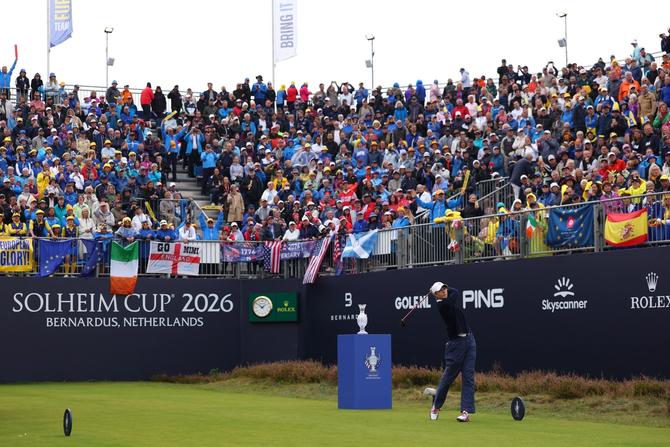 Nelly Korda tees off at the 2026 Solheim Cup.