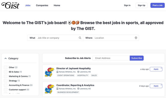 The GIST's job board, featuring two job opportunities at the University of Kansas.