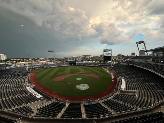An aerial shot of Omaha’s Charles Schwab Field, home of the Men’s College World Series, with the outfield grass cut to look like the NCAA championship trophy.