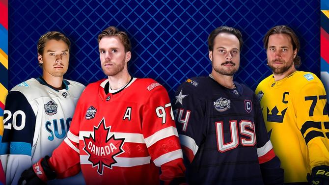 Finland’s Sebastian Aho, Canada’s Connor McDavid, USA’s Auston Matthews, and Sweden’s Victor Hedman pose on an NHL graphic for the 4 Nations Face-Off.