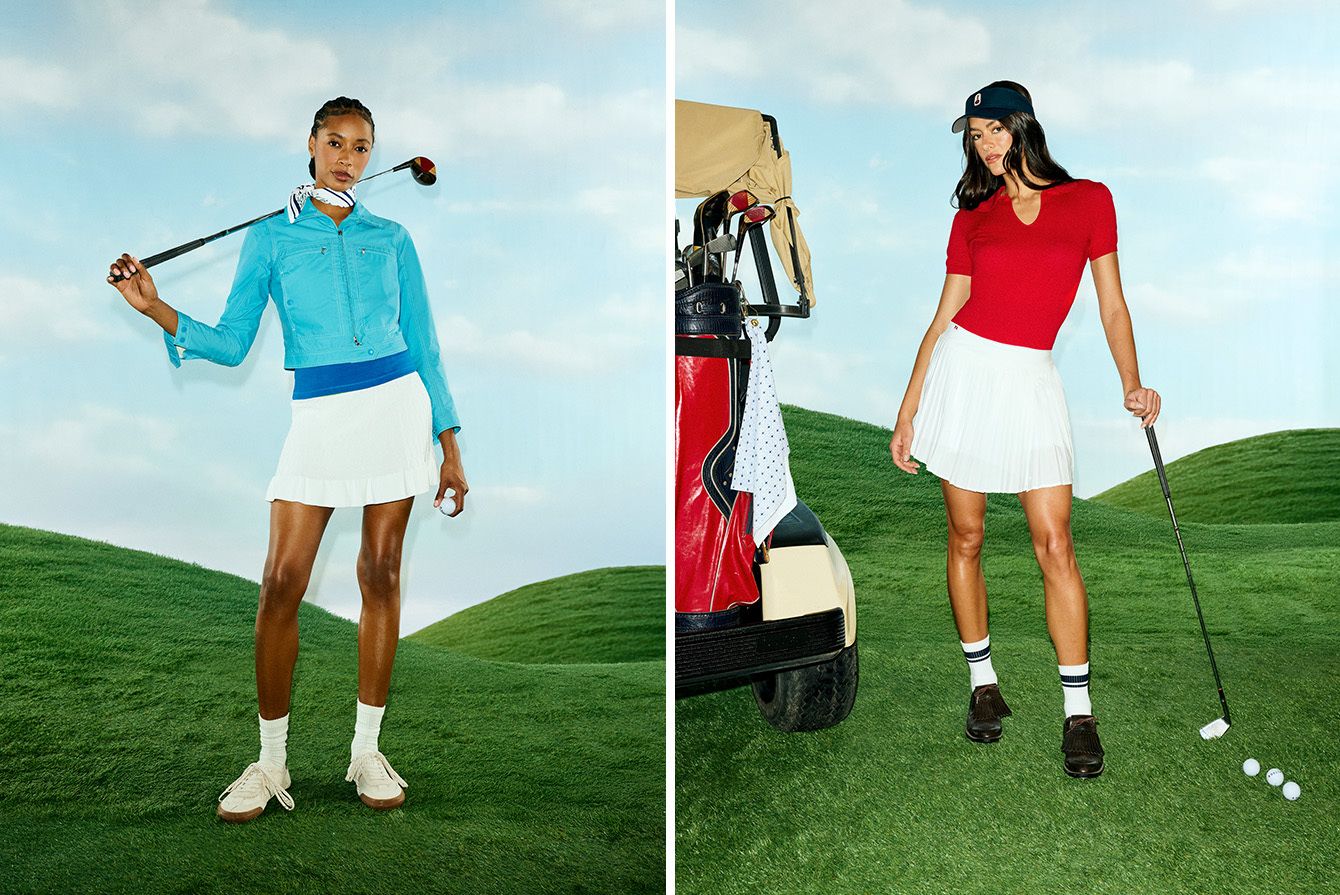 Two golfers pose in vibrant outfits