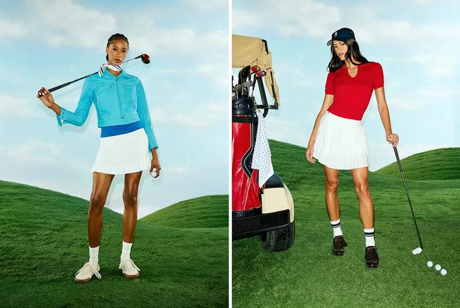 Two golfers pose in vibrant outfits