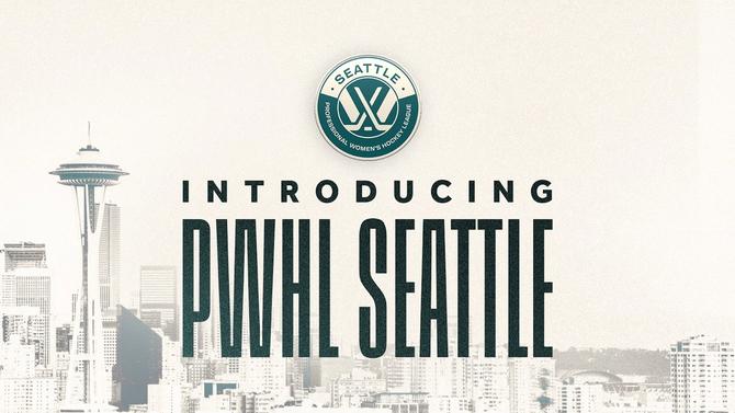 The PWHL Seattle logo in front of the city’s skyline.