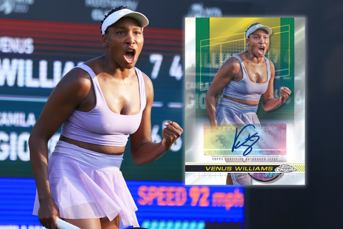 Venus Williams fist pumps after scoring a point. There is an inlay of the same photo to represent Venus' Chrome Tennis card.