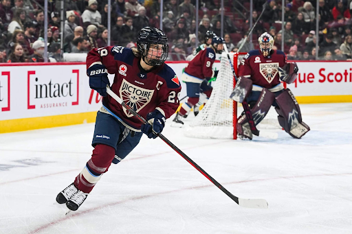 Montréal Victoire forward Marie-Philip Poulin skates up the ice.