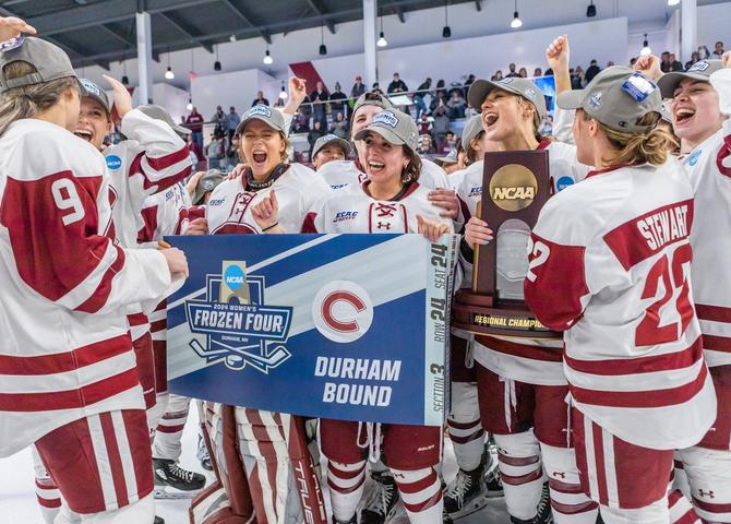 No. 3–seed Colgate women’s hockey celebrates their March 16th quarter-final win over unseeded Cornell, which punched their literal oversized ticket to this weekend’s Frozen Four.
