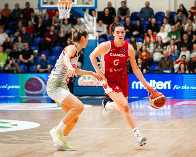 Canada’s Bridget Carleton dribbles the ball up the floor against a Hungarian defender.