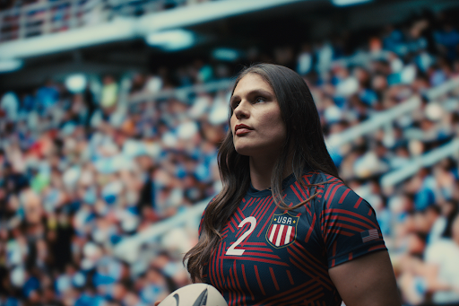 Team USA women’s rugby star Ilona Maher poses before a crowd.