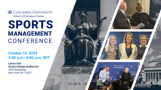 A graphic sharing information about Columbia's sports management conference alongside photos of the campus and staff members.