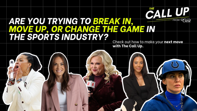 The Call Up newsletter ad asking, “Are you trying to break in, move up, or change the game in the sports industry?” featuring five women working in sports.