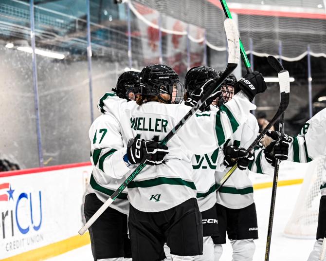 PWHL Boston players celebrate after a goal