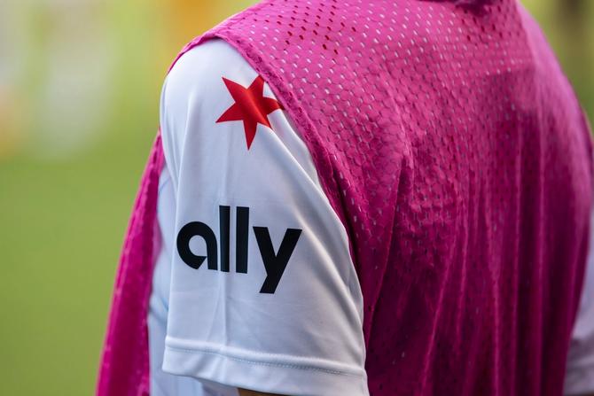 A Chicago Red Stars player dons an Ally sponsored jersey during the match between the Kansas City Current and the Chicago Red Stars on Saturday, June 18, 2022 at Children’s Mercy Park in Kansas City, KS.